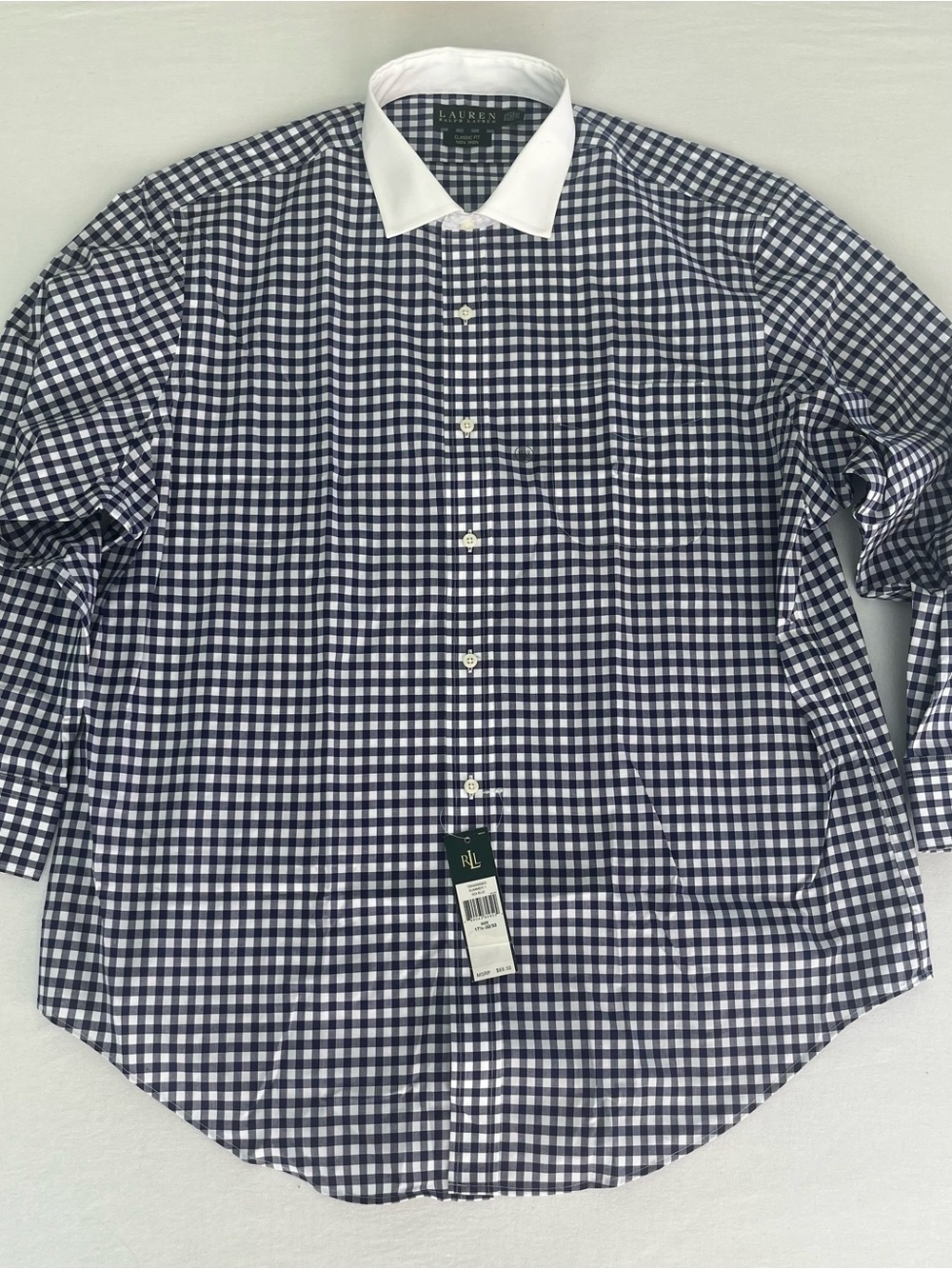 Lauren Ralph Lauren Navy White Gingham Dress Shirt with White Contrast Collar